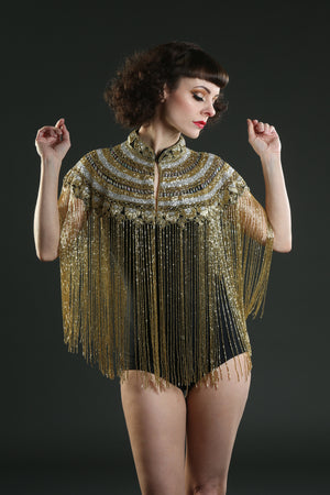black gold silver long tassel fringe cape top
