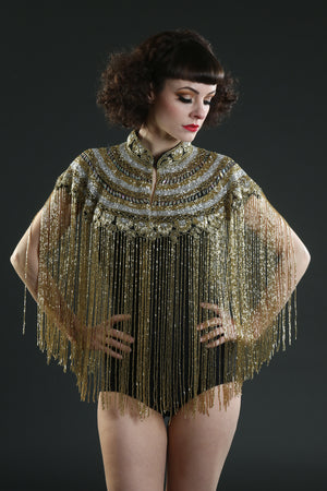 black gold silver long tassel fringe cape top