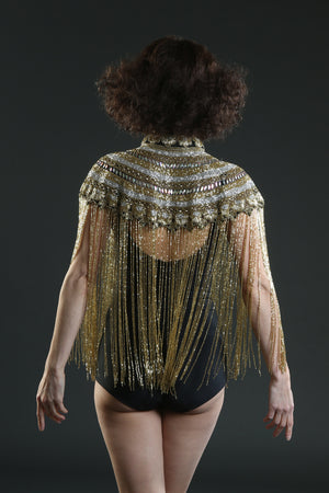 black gold silver long tassel fringe cape top