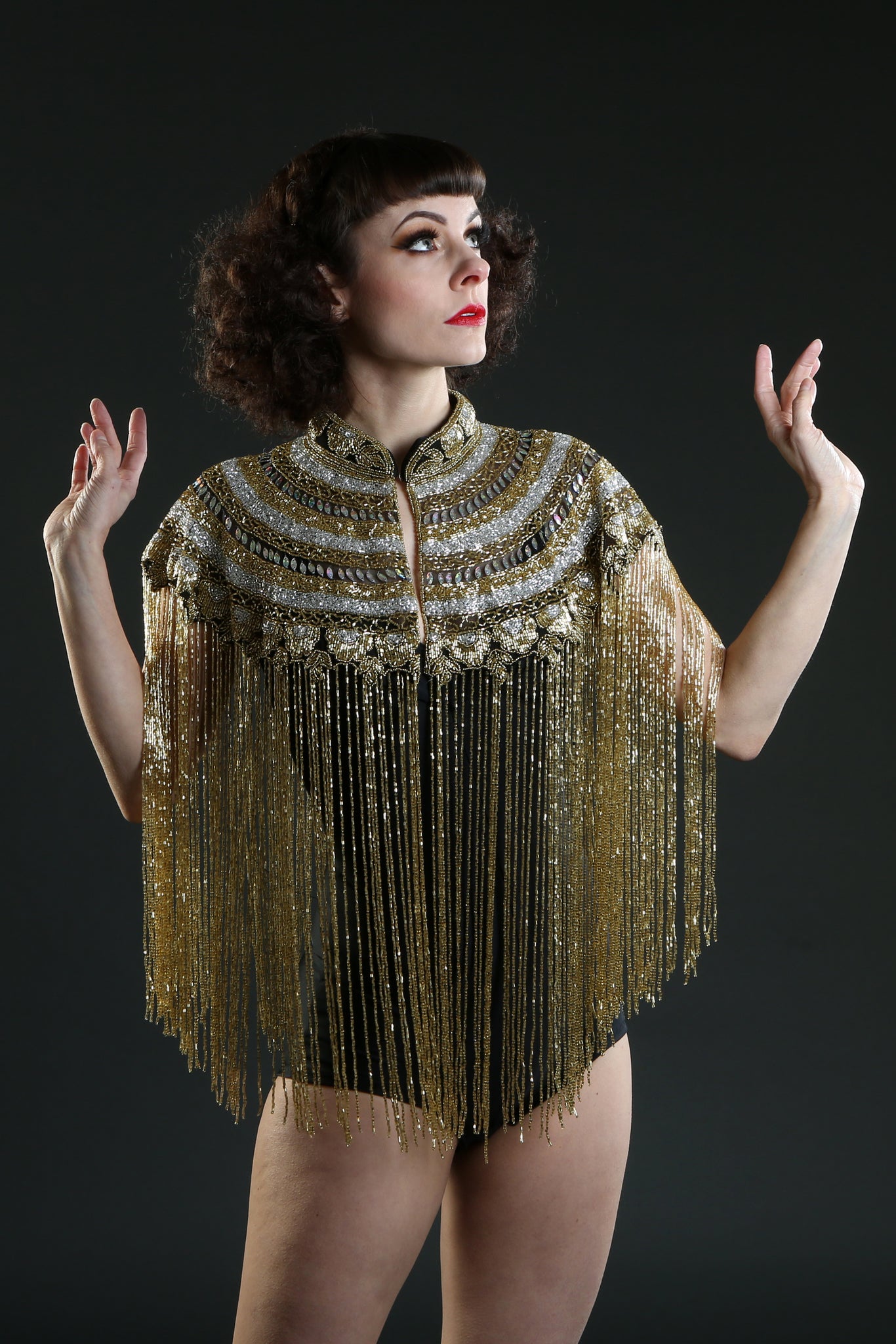 black gold silver long tassel fringe cape top