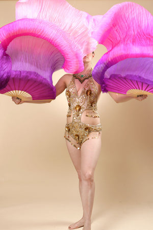 Veil Silk Fans ~ Dip dye pink & purple ~ for belly dance burlesque and circus Costume
