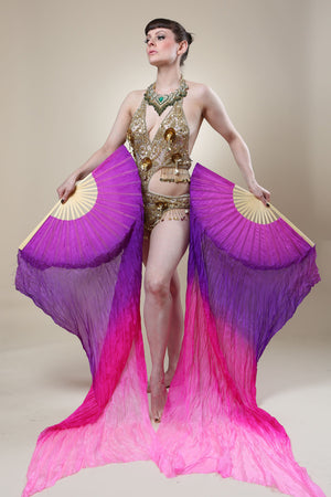 Veil Silk Fans ~ Dip dye pink & purple ~ for belly dance burlesque and circus Costume