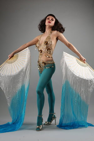 Veil Silk Fans ~ Dip dye blue & white ~ for belly dance burlesque and circus Costume