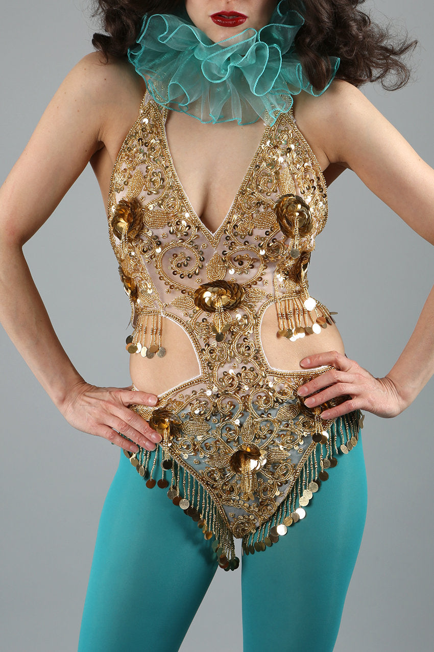 gold and white belly dance showgirl leotard outfit