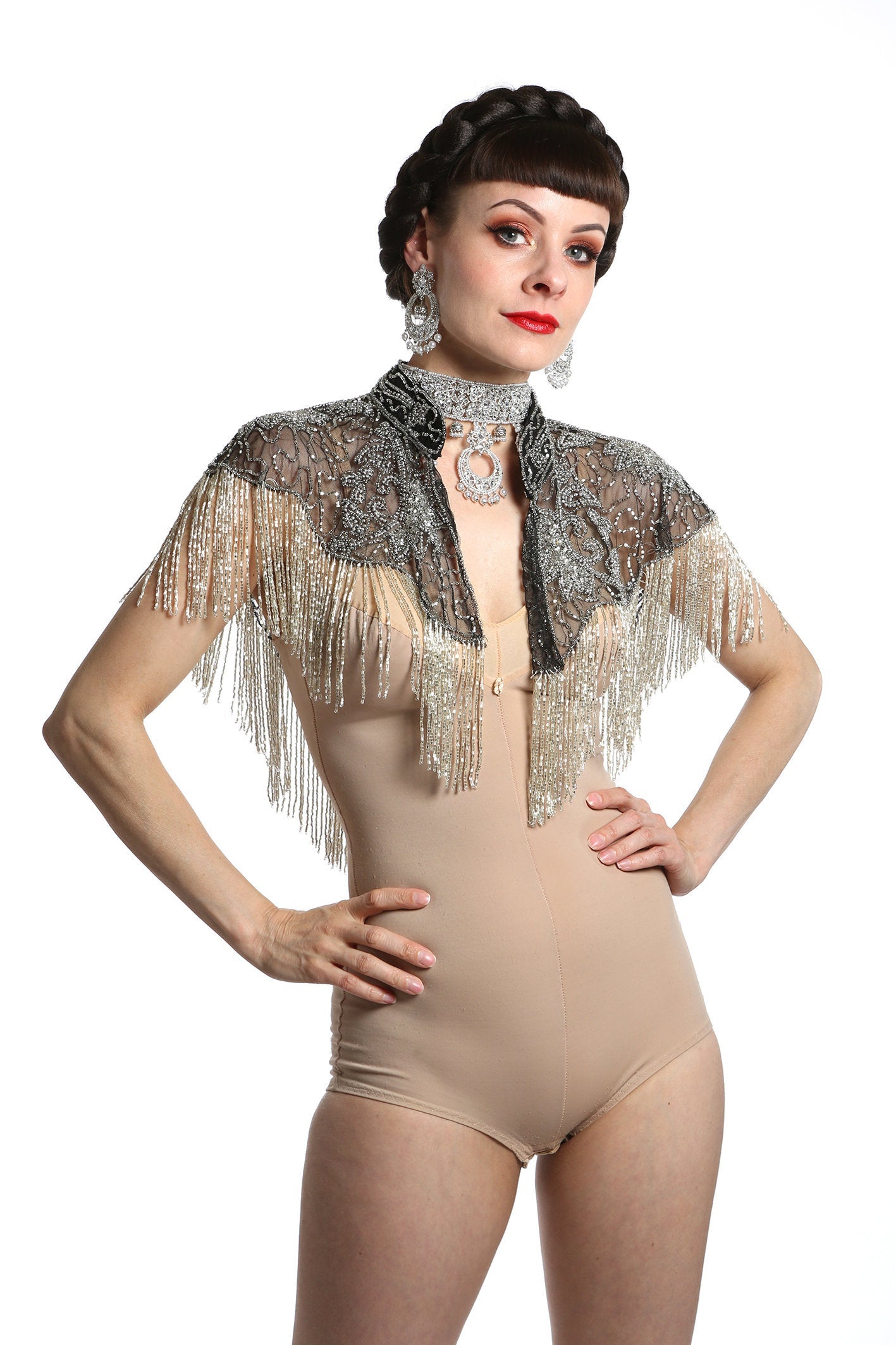 Black & Silver Sequin Tassel Cape
