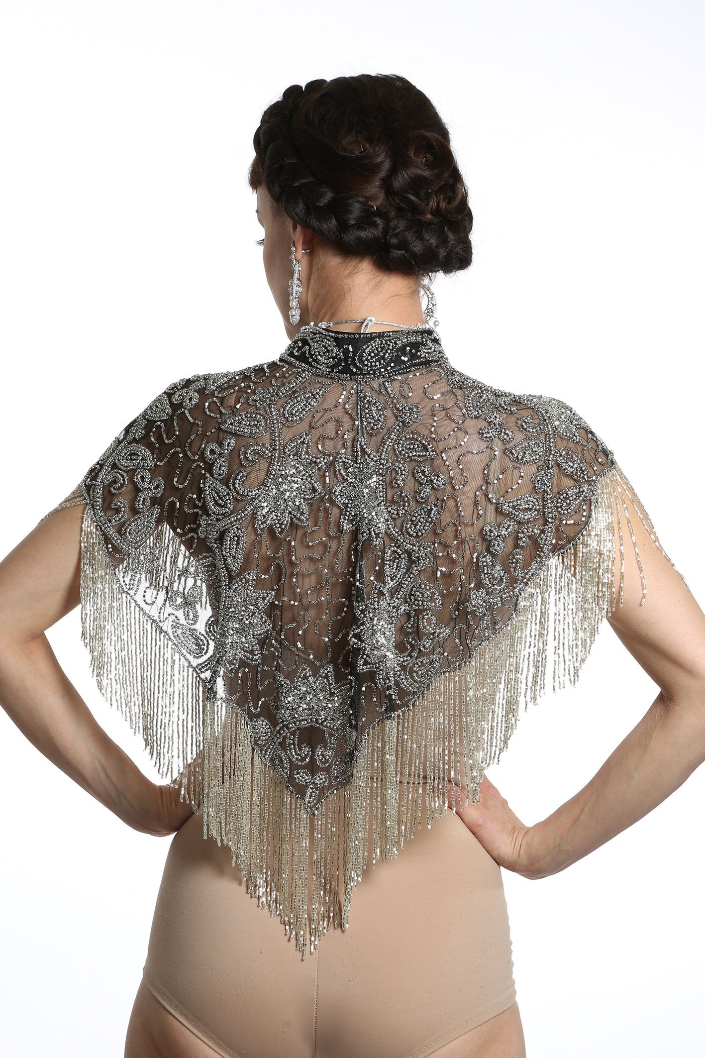 Black & Silver Sequin Tassel Cape