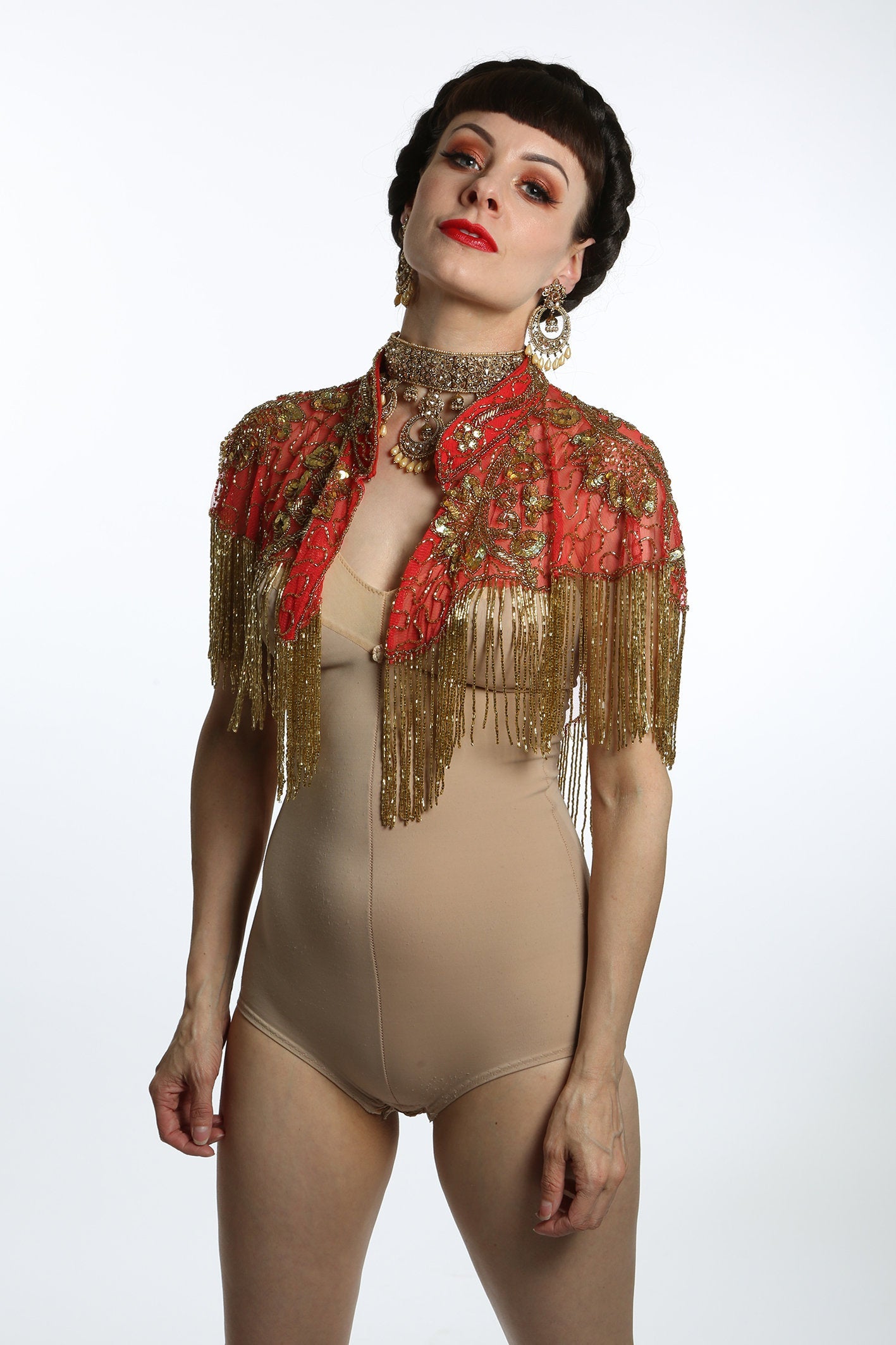 1920 style beaded flapper red and gold  cape great Gatsby outfit