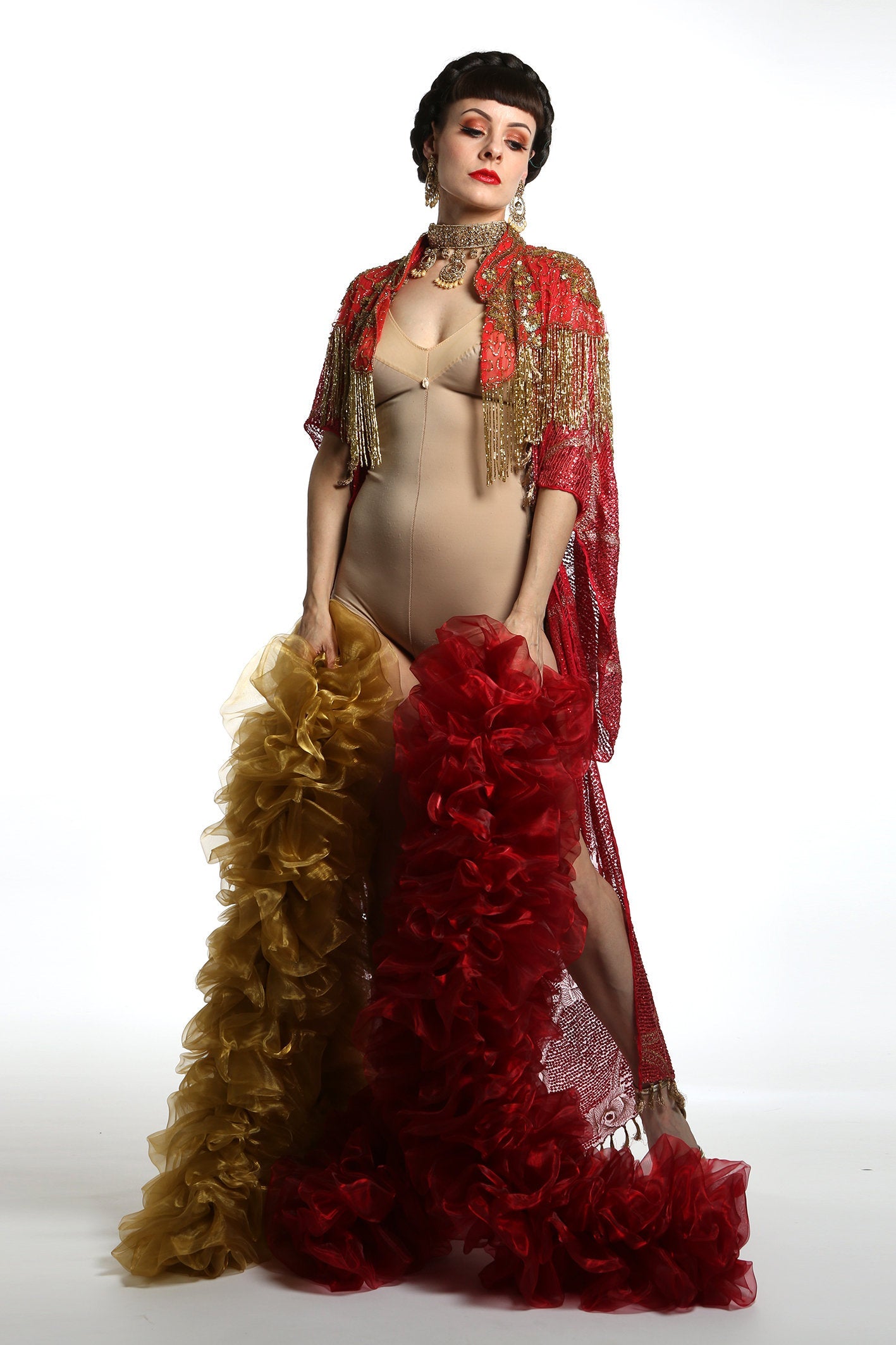 1920 style beaded flapper red and gold  cape great Gatsby outfit