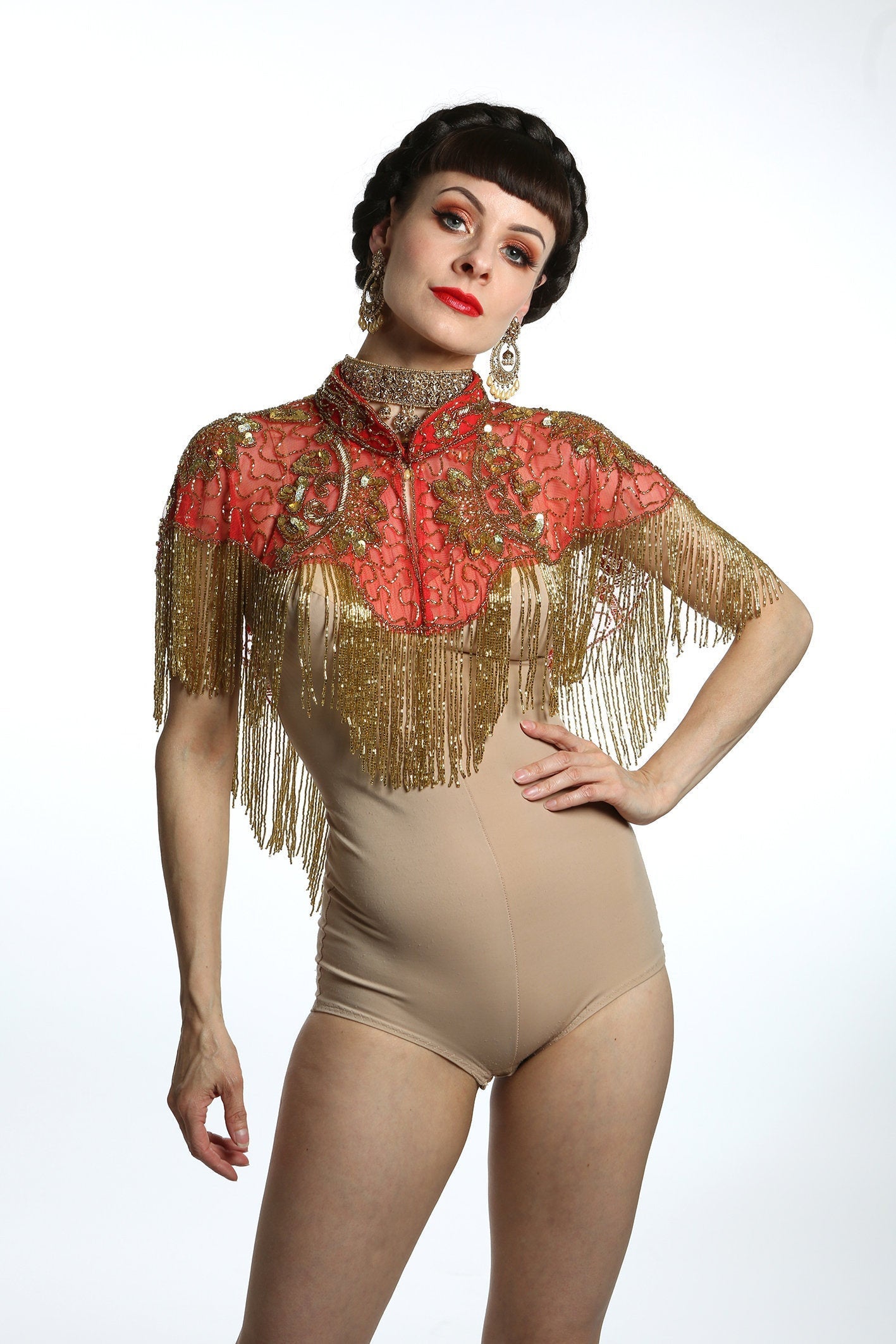 1920 style beaded flapper red and gold  cape great Gatsby outfit