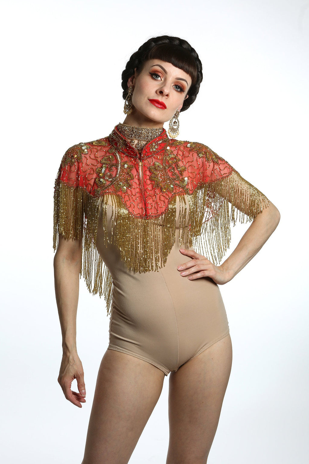 1920 style beaded flapper red and gold  cape great Gatsby outfit