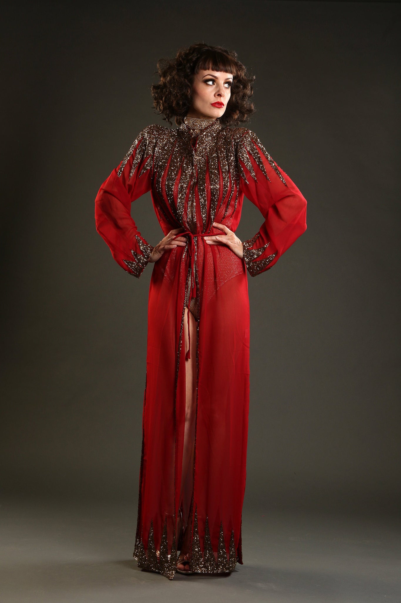 Dark red Embellished Gown Overcoat circus costume 1920 showgirl