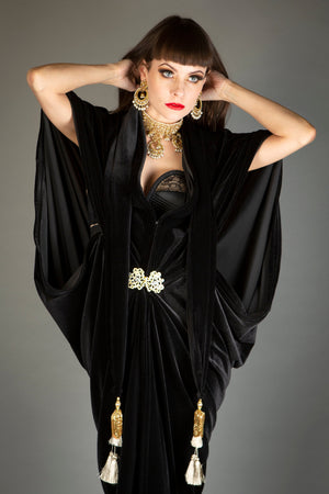 1920s Velvet Great Gatsby Black Dress - Floor length flapper Cocoon coat