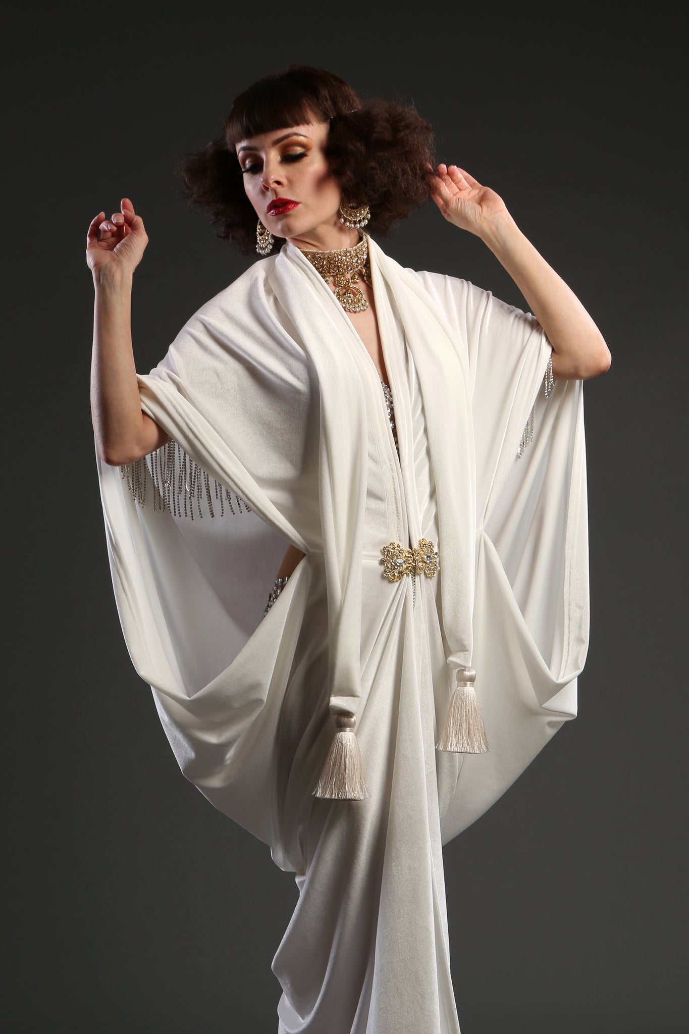 1920s Ivory Velvet Great Gatsby Bridal Wedding Dress - Floor length flapper Cocoon coat