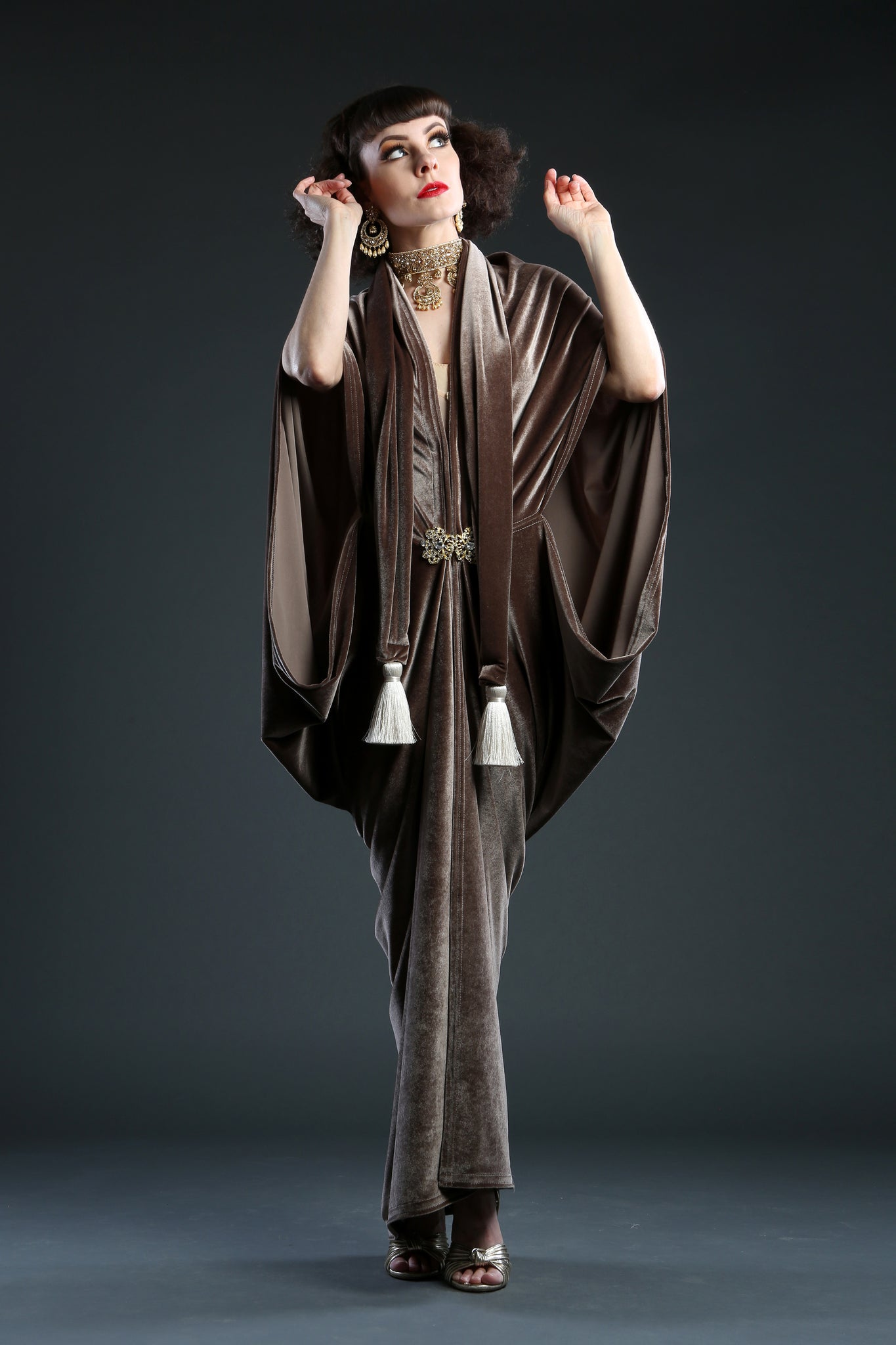 mushroom brown velvet 1920 Gatsby dressing gown robe