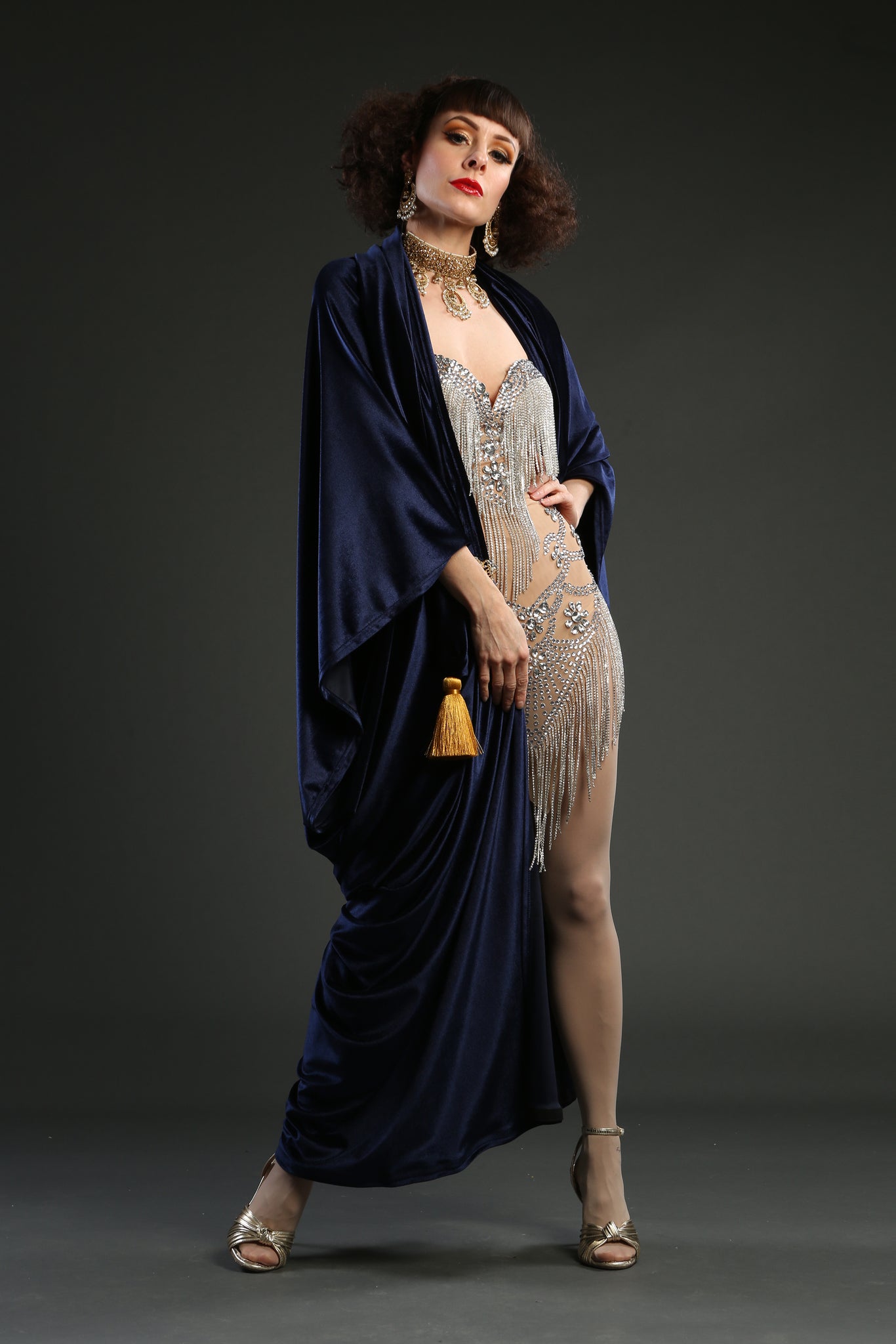 1920s Navy Velvet Great Gatsby Dress - Floor length flapper Cocoon coat