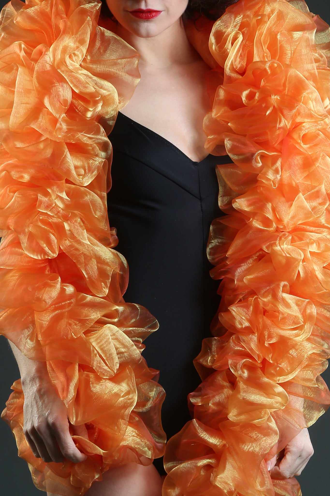 orange and yellow organza vegan boa burlesque costume