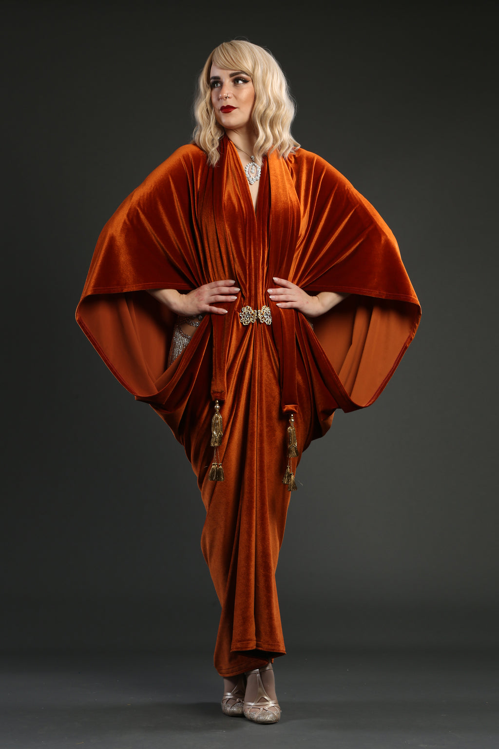 1920s Orange Velvet Great Gatsby Dress - Floor length flapper Cocoon coat