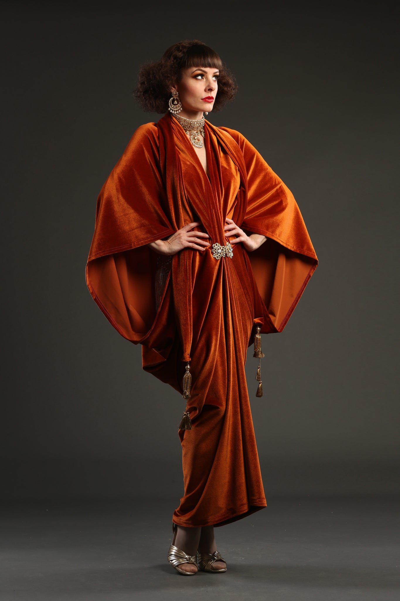 1920s Orange Velvet Great Gatsby Dress - Floor length flapper Cocoon coat
