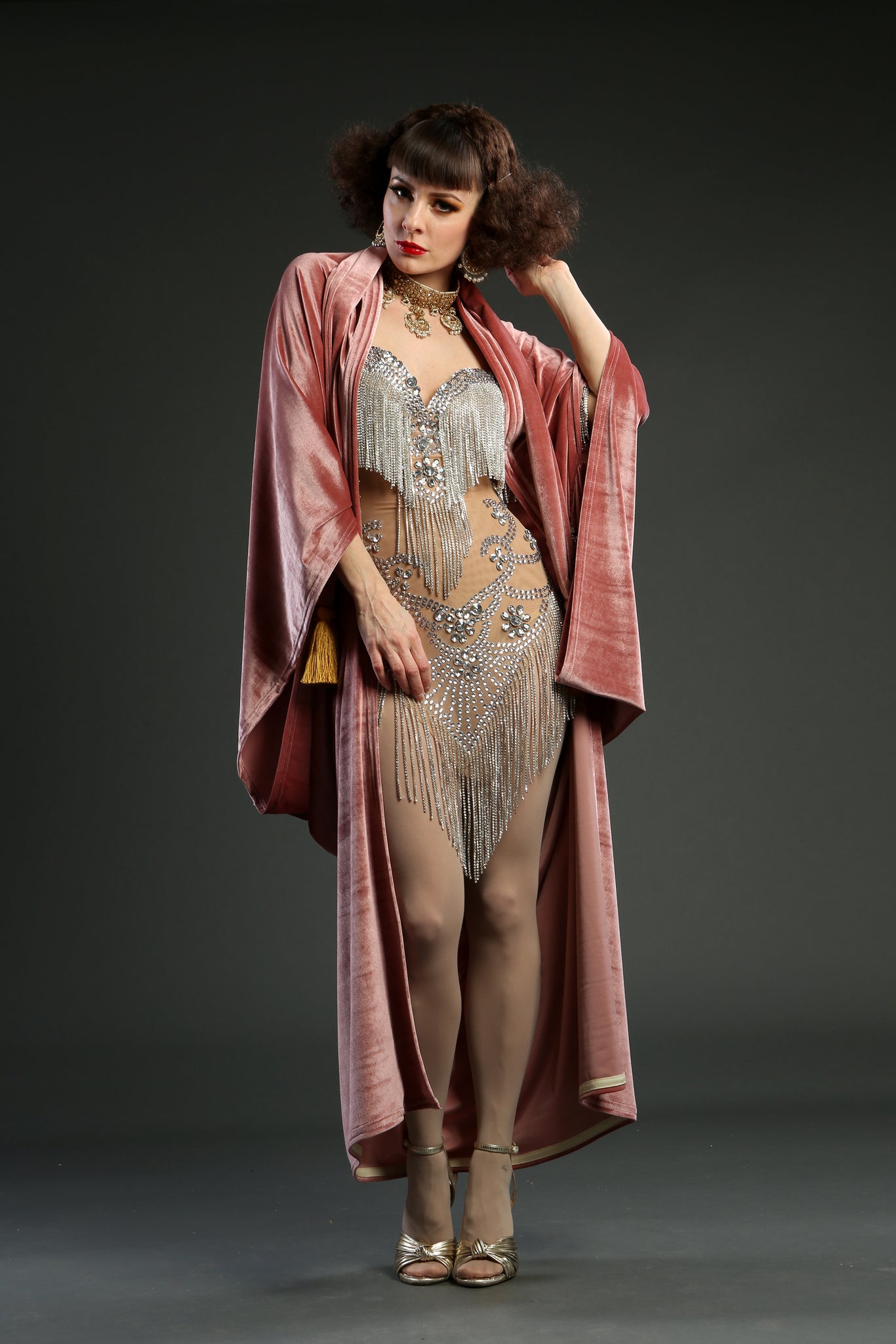 1920s Blush Pink Velvet Great Gatsby Dress - Floor length flapper Cocoon coat