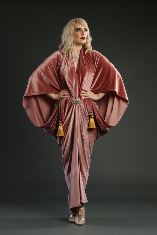 1920s Blush Pink Velvet Great Gatsby Dress - Floor length flapper Cocoon coat