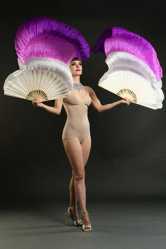 purple and white silk veil belly dance fans