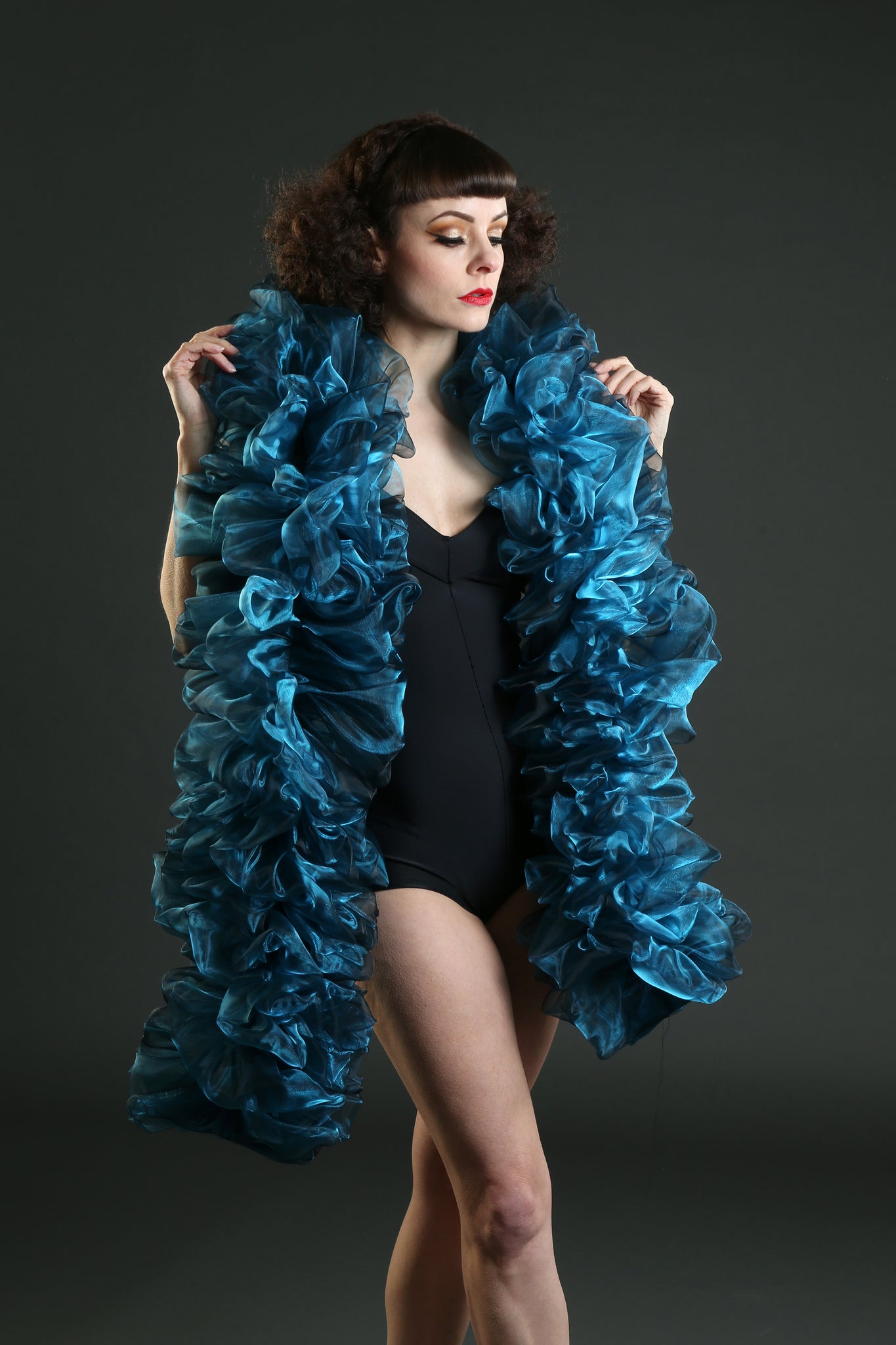 teal turquoise black organza vegan boa burlesque costume